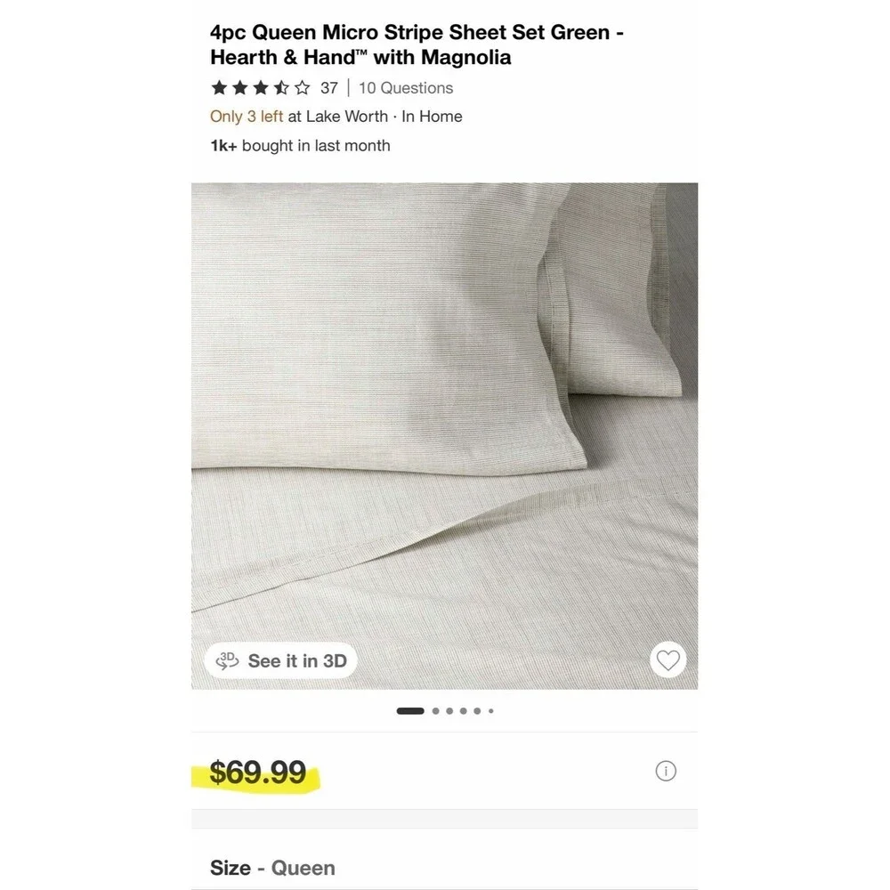 4pc Queen Micro Stripe Sheet Set Green - Hearth & Hand with Magnolia NEW
